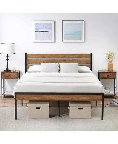 gaomon Bed Frame Rustic Brown Wood Farmhouse Metal Platform Wooden Slat Easy Assembly No Box Spring Needed