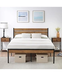 gaomon Bed Frame Rustic Brown Wood Farmhouse Metal Platform Wooden Slat Easy Assembly No Box Spring Needed