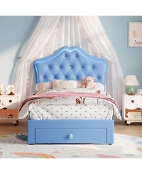 gaomon Twin Velvet Upholstered Platform Bed Led Lights Crystal Button Headboard Storage Drawer Noise-Free No Box Spring