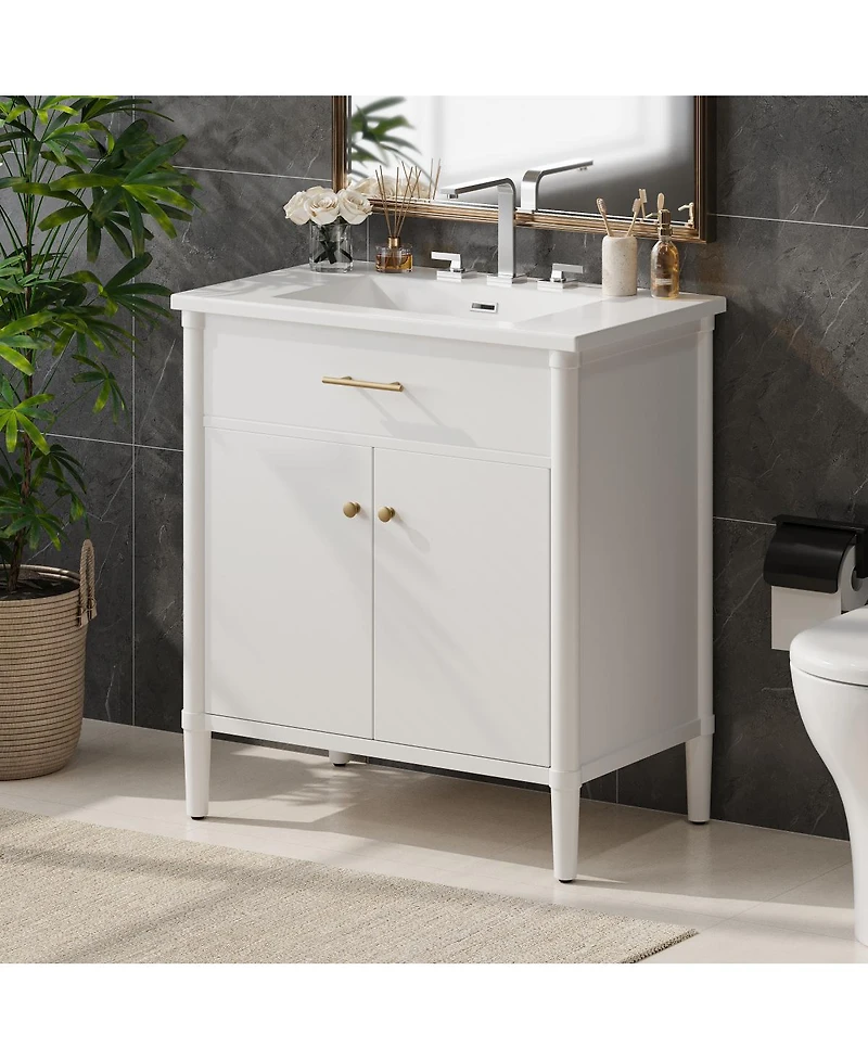 Sillysis 31 Inch Modern Freestanding Bathroom Vanity with Ceramic Sink, Mdf Cabinet, Soft Close Doors, Solid Wood Legs