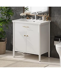 Sillysis 31 Inch Modern Freestanding Bathroom Vanity with Ceramic Sink, Mdf Cabinet, Soft Close Doors, Solid Wood Legs