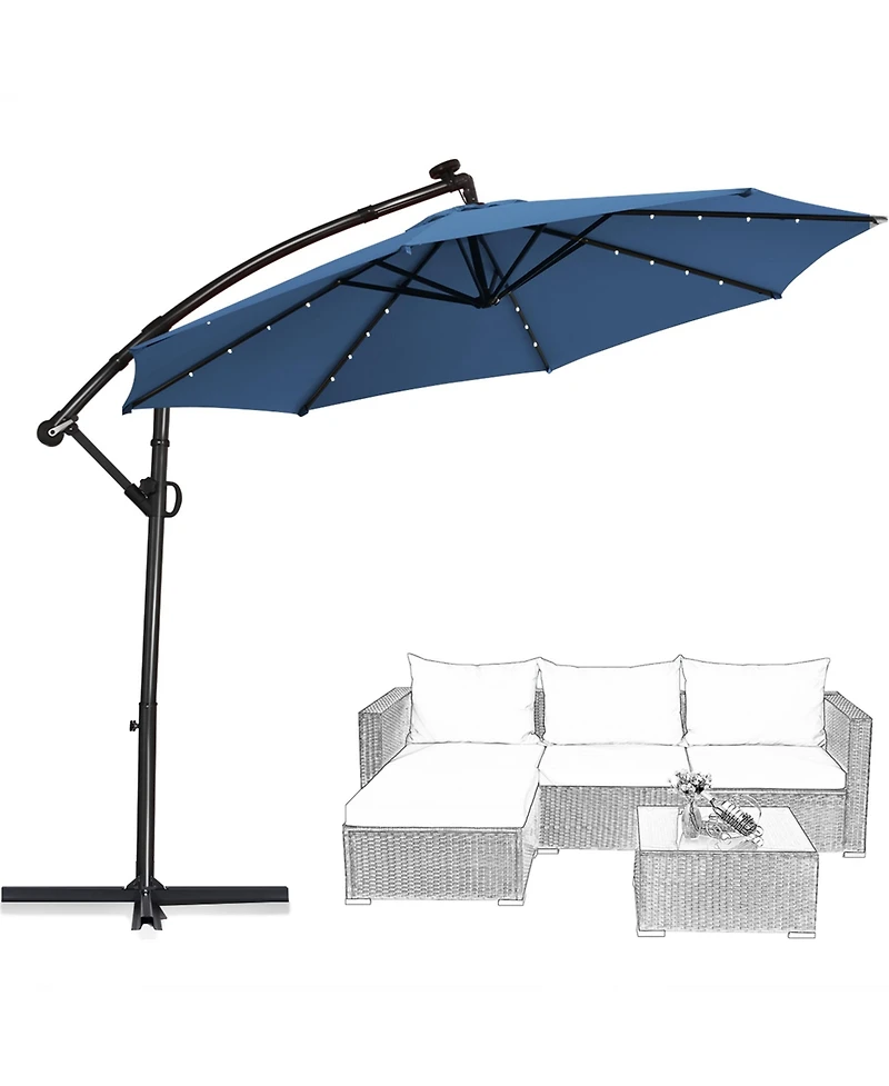 Gymax 10Ft Offset Hanging Umbrella Patio Outdoor w/ 32 Solar Led Lights