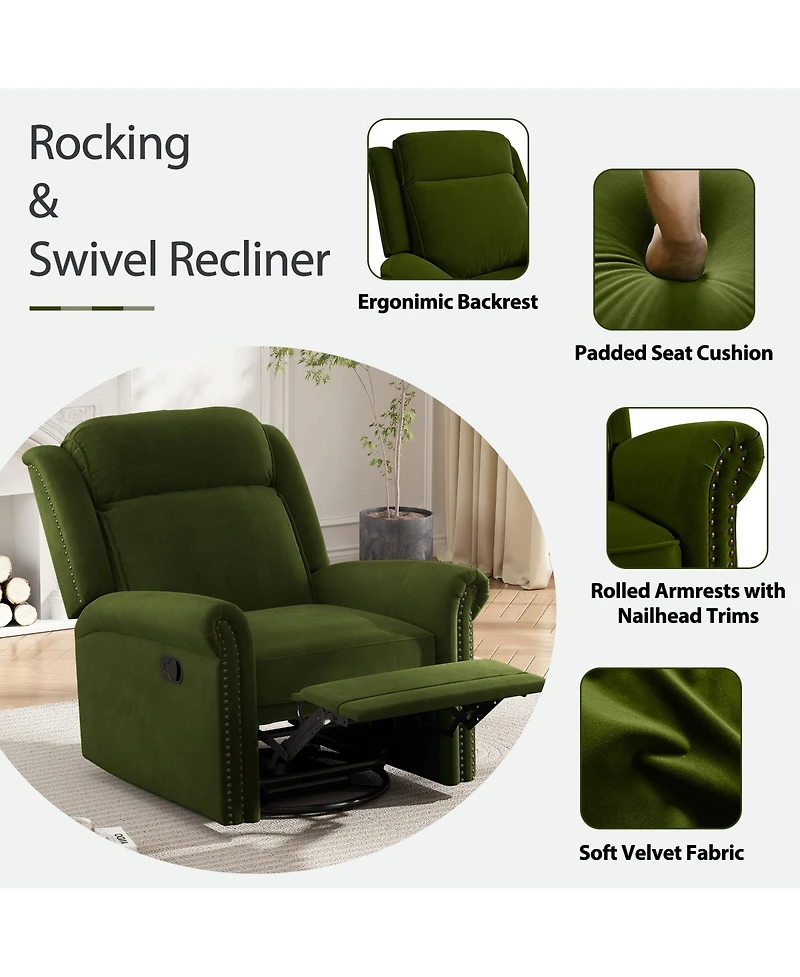 Clihome Velvet Swivel Rocking Chair, Modern Upholstered Glider Chair Adjustable Backrest Recline