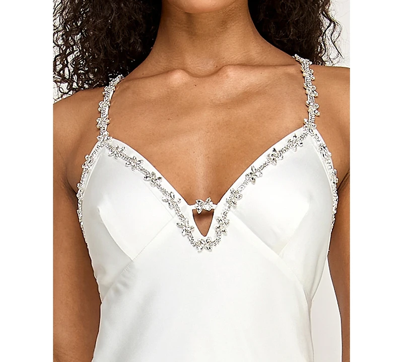 Seni & Cade Women's Rhinestone Trim Long V-Neck Slip Dress