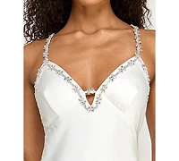 Seni & Cade Women's Rhinestone Trim Long V-Neck Slip Dress