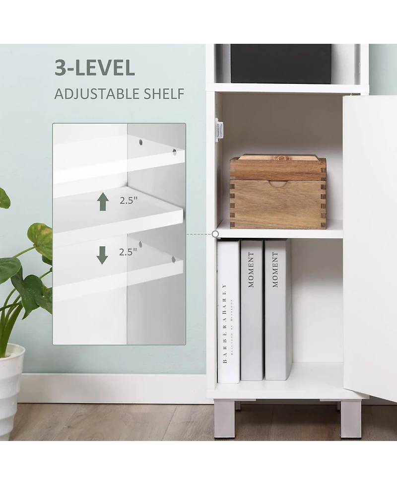 Rainsken Tall Bathroom Storage Cabinet with Mirror, Wooden Freestanding Tower Cabinet with 2 Enclosed Cabinets, 2 Middle Open Shelves for Small Spaces