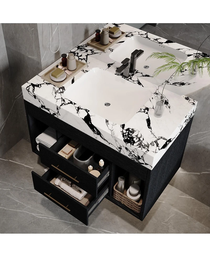 Sillysis 29.9" Floating Bathroom Vanity with Ceramic Sink, Sintered Stone Top, 2 Soft Close Drawers, Wall Mounted for Small Bathrooms