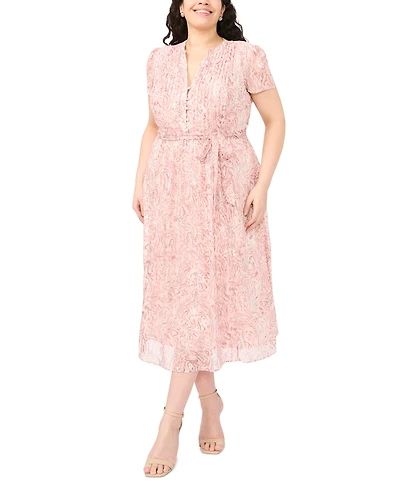 Msk Plus Belted Short-Sleeve Split Crewneck Dress