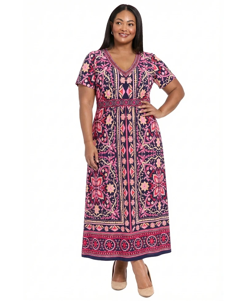 London Times Plus V-Neck Short-Sleeve Maxi Dress