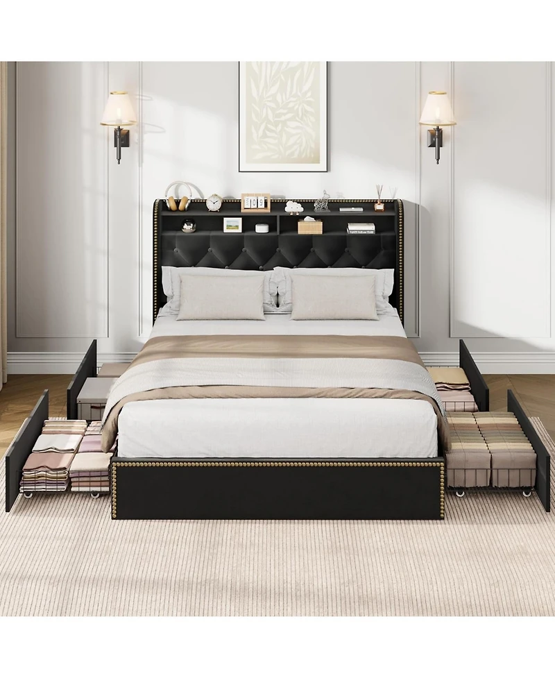 gaomon Queen Size Bed Frame with 4 Storage Drawers, Velvet Fabric Upholstered Platform Bed with Tufted Headboard, Wooden Slats, No Box Spring Required