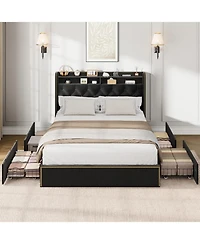 gaomon Queen Size Bed Frame with 4 Storage Drawers, Velvet Fabric Upholstered Platform Bed with Tufted Headboard, Wooden Slats, No Box Spring Required