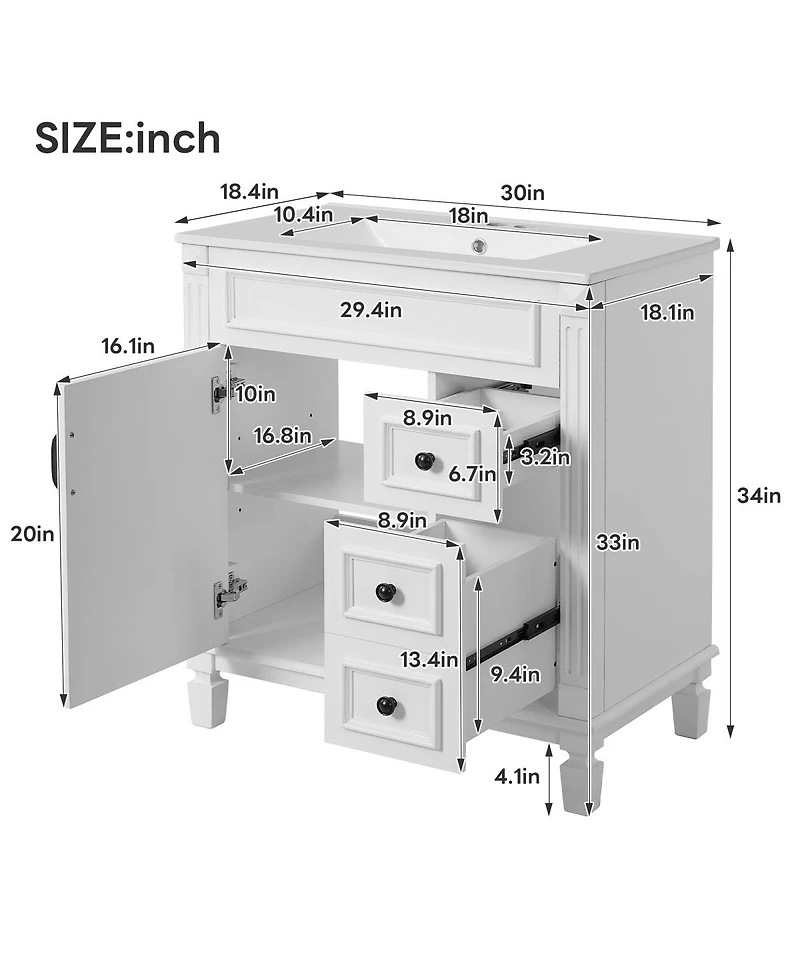 Sillysis 30 Inch Freestanding Bathroom Vanity with Ceramic Sink, French Modern Cabinet, Soft Close Drawers for Small Spaces