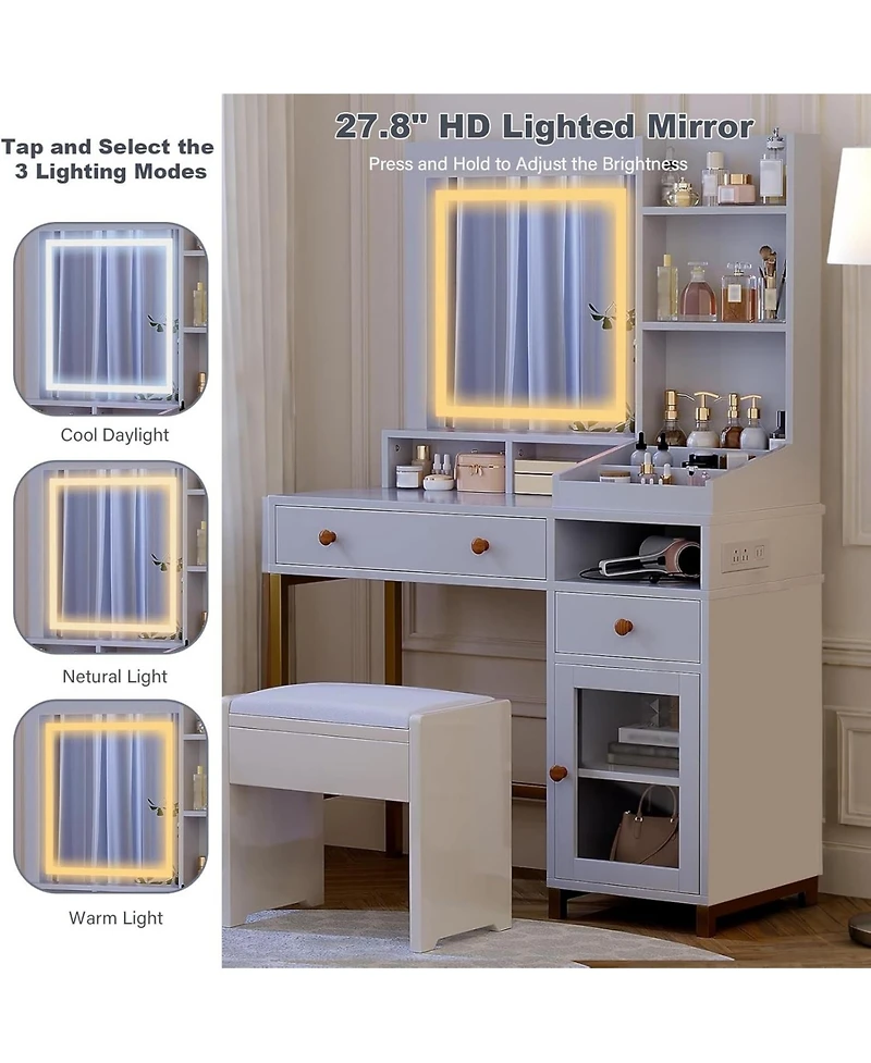 gaomon Makeup Vanity Desk with Led Mirror, 2 Drawers, 2 Shelves, Cabinet & Power Outlet