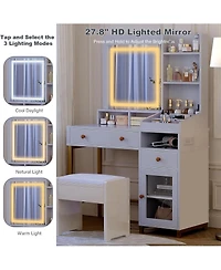gaomon Makeup Vanity Desk with Led Mirror, 2 Drawers, 2 Shelves, Cabinet & Power Outlet