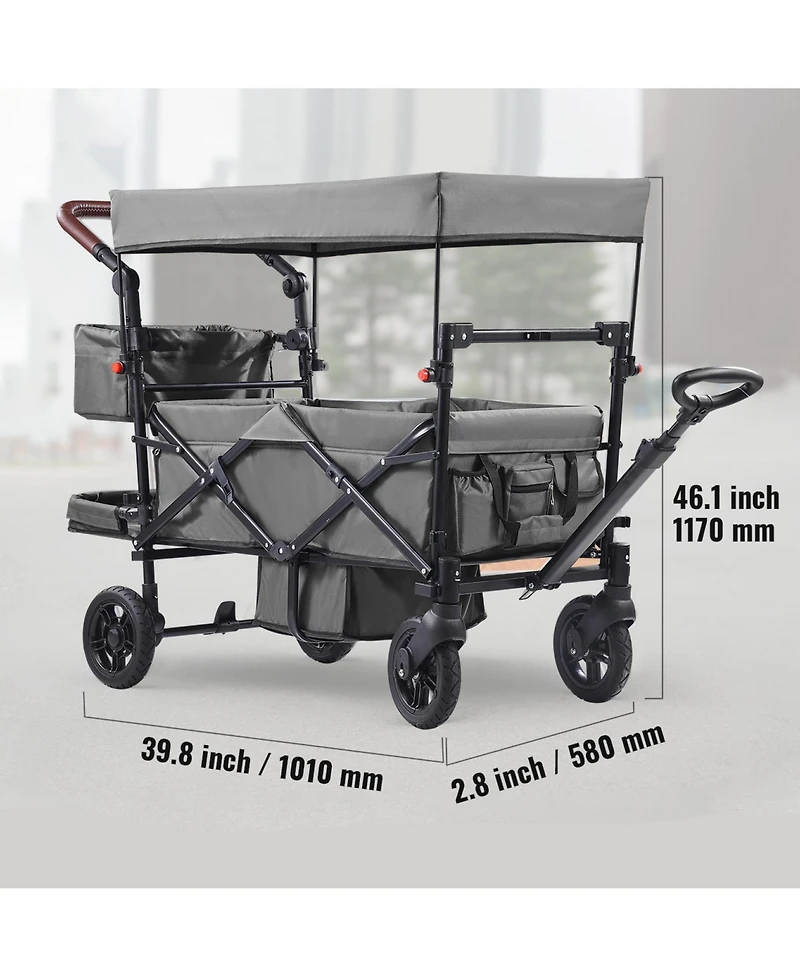 Rainsken Wagon Stroller for 2 Kids, Push Pull Quad Collapsible Stroller with Adjustable Handle, Encircling Harness and Removable Canopy for Camping