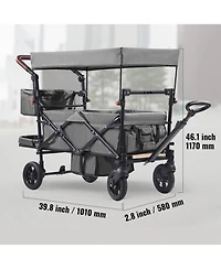 Rainsken Wagon Stroller for 2 Kids, Push Pull Quad Collapsible Stroller with Adjustable Handle, Encircling Harness and Removable Canopy for Camping