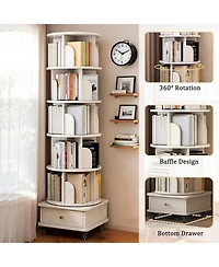 Rainsken 6 Tier Rotating Bookshelf with Drawers On Wheel, 360° Display Spinning Corner Bookcase, Wooden Storage Rack for Study Room, Office