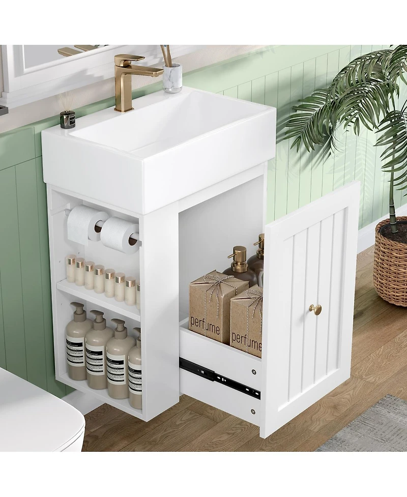 Sillysis 20" Bathroom Vanity with Ceramic Sink, Wall Mounted Storage Cabinet Drawer & Side Shelf for Small Bathrooms