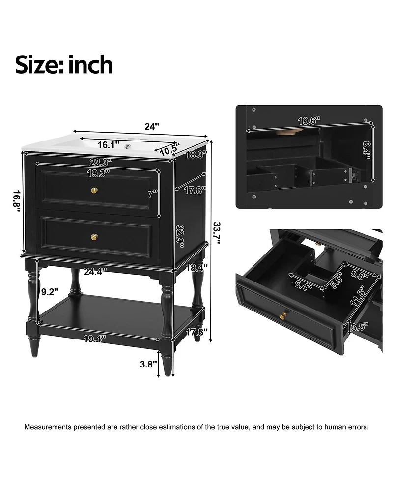 Sillysis 24.4" Retro Freestanding Bathroom Vanity with Sink, Bathroom Storage Cabinet with Open Shelf & Ample Storage Drawers