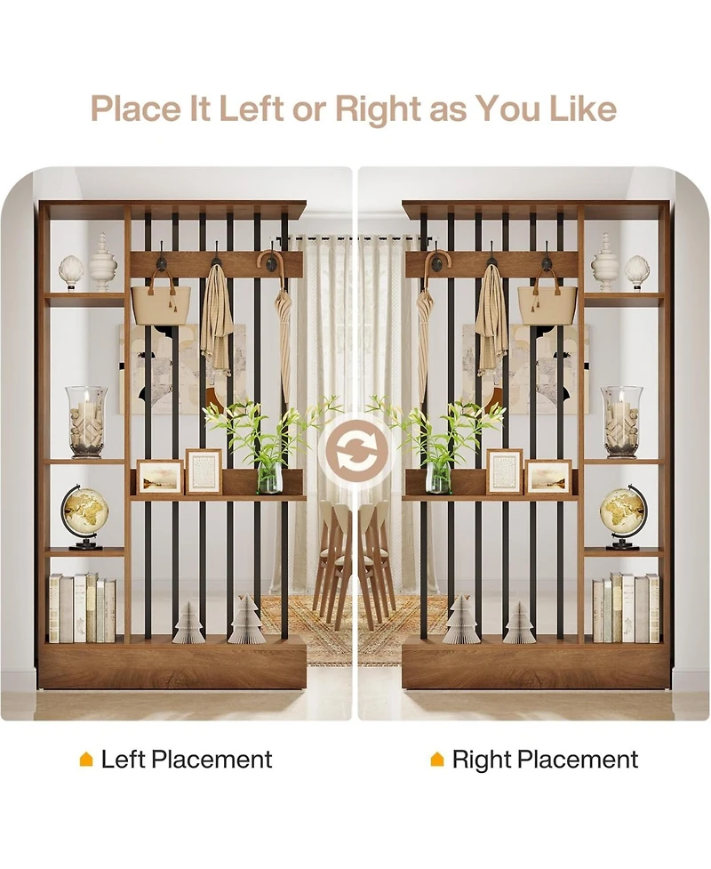 Tribesigns 71" Wall Room Divider with Shelves & Coat Hooks, Wood Freestanding Room Divider Bookcase for Home & Office Decorative.