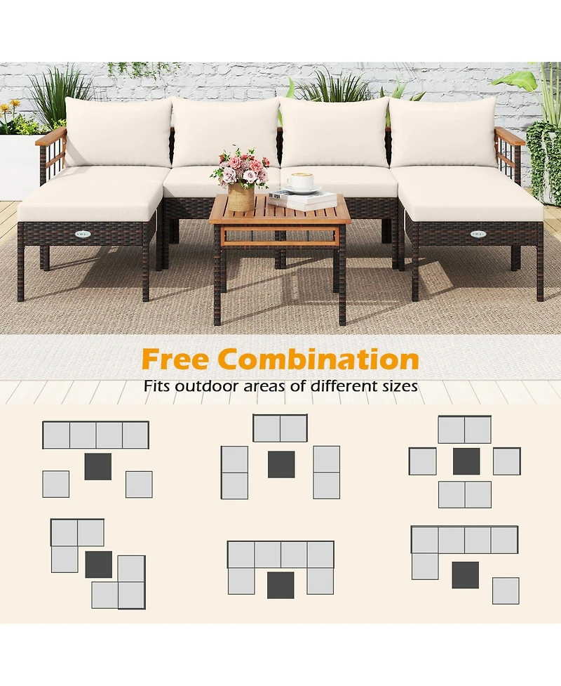 Gymax Set of 7 Wicker Furniture Set w/Ottomans Side Table Acacia Wood Tabletop Armrests