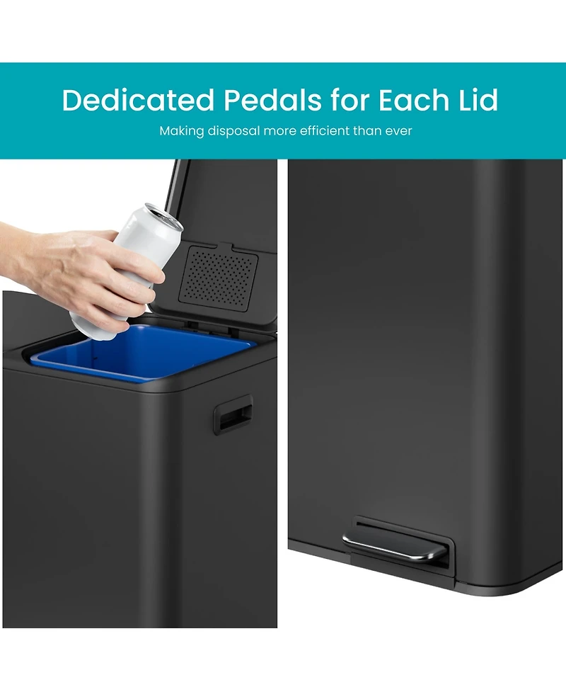 Home Zone Living 16 Gallon Stainless Steel Dual Trash and Recycling Can with Removable Liners Soft Close Lids