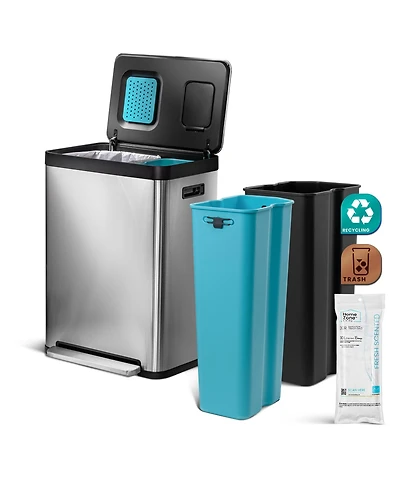 Home Zone Living 19 Gallon Stainless Steel Dual Trash and Recycling Can with CleanAura Odor Control and Soft Close Lid