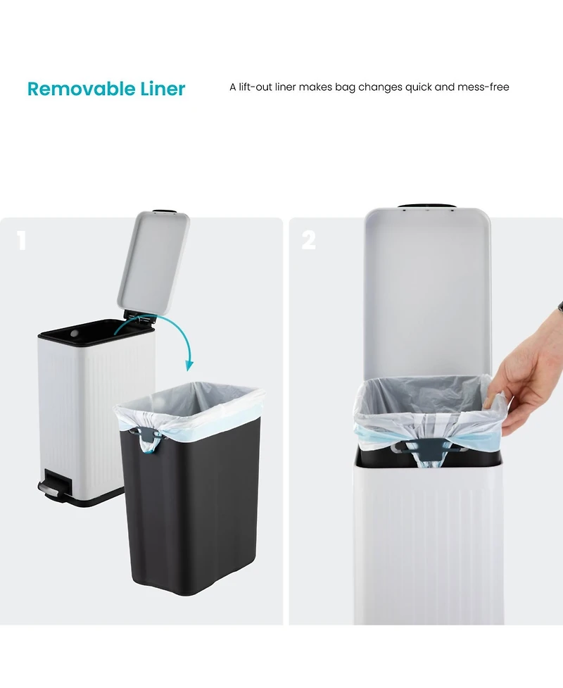 Home Zone Living 4 Gallon Slim Stainless Steel Kitchen Trash Can with Reeded Pattern, Step Pedal and Soft Close Lid