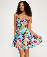 Emerald Sundae Women's Printed Twist-Front Soft Structured Sweetheart Neck Mini Dress