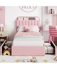 gaomon Twin-xl Boucle Upholstered Platform Bed- 2 Storage Drawers- Bookcase Headboard- Noise-Free- Easy Assembly- No Box Spring- Children Bed