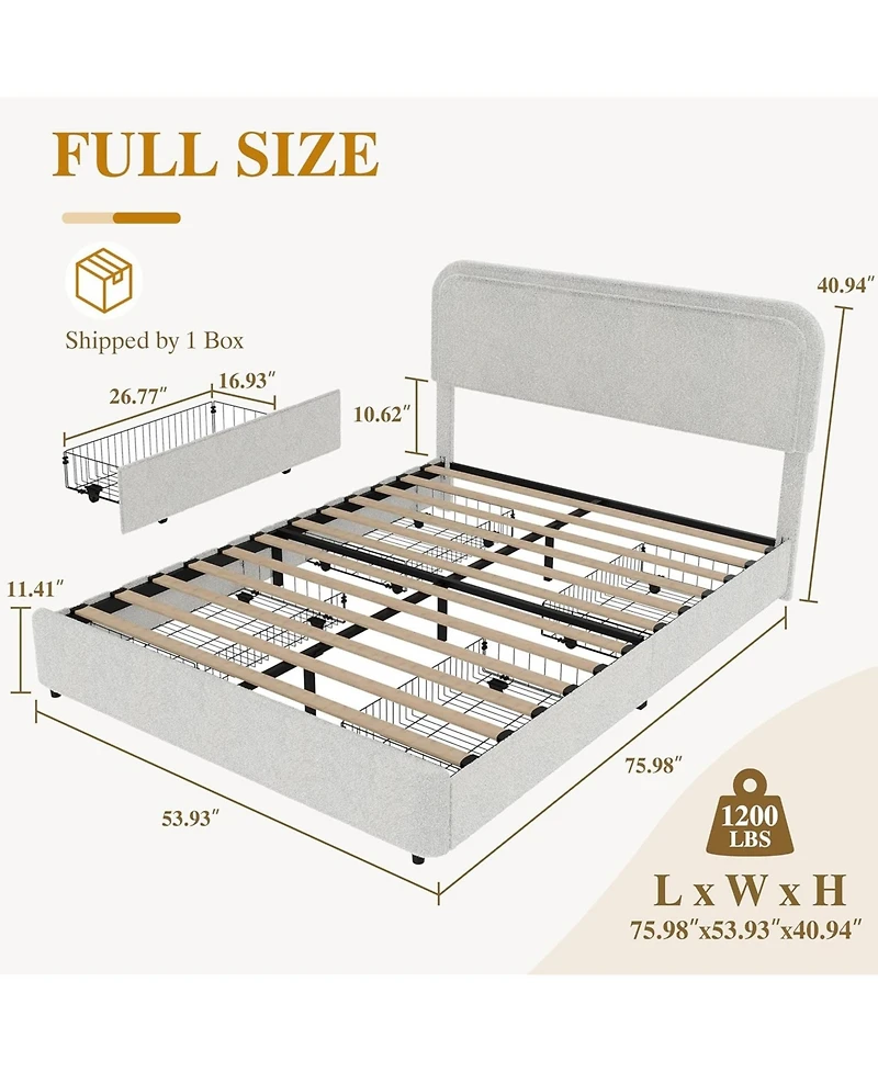gaomon Bed Frame with Headboard & 4 Storage Drawers, Boucle Upholstered Platform Bed Frame Full Size, Wooden Slats Support, No Box Spring Needed