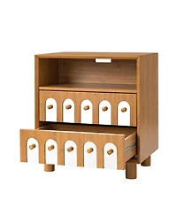 Rainsken Nightstand with 2 Drawers, Solid Wood Bedside Table with Charging Station, Curve Mirror Design, End Table for Bedroom