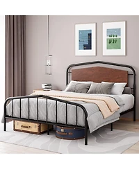 gaomon Industrial Metal Platform Bed Frame Wooden Headboard Noise-Free Under-Bed Storage No Box Spring Wrought Iron Frame