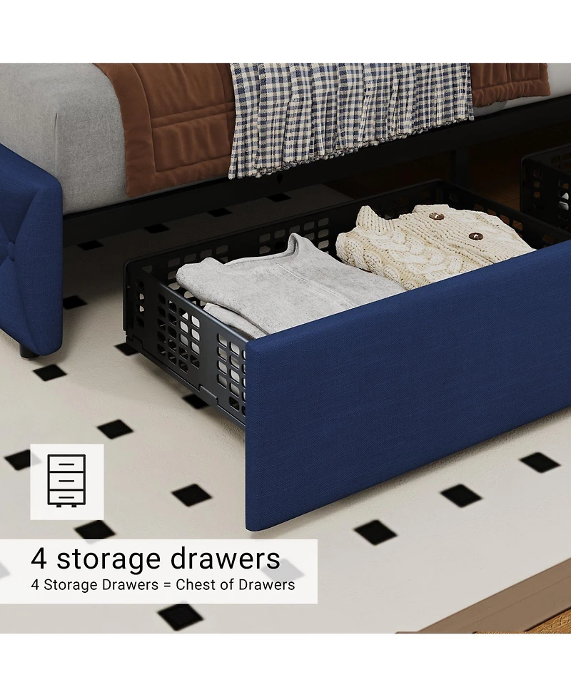 gaomon Bed Frame Adjustable Headboard 4 Storage Drawers Linen Upholstered Platform Diamond Tufted No Box Spring