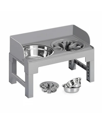 Aronkl Dog Elevated Stand with Slow Feeder & 2 Stainless Steel Bowls Adjustable Height Tilted Design
