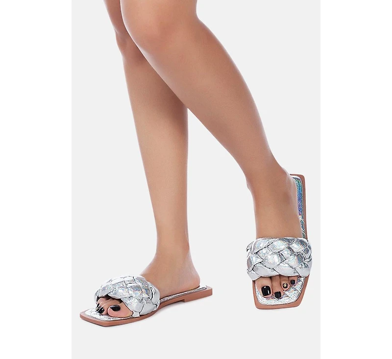 Marcue Patent Pu Quilted Slides Woven Straps