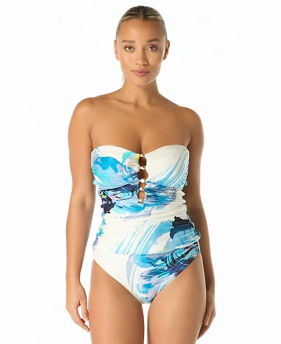 Carmen Marc Valvo Women's Amorphic Bead Trim Bandeau Neck One-Piece Swimsuit