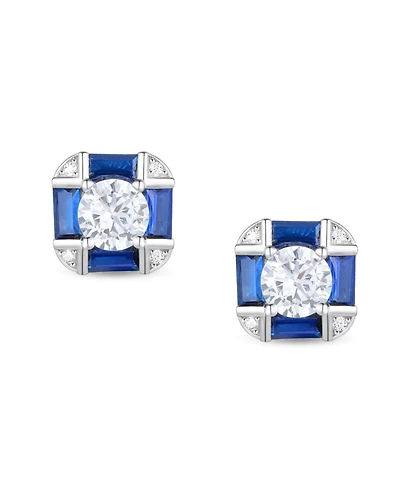 Genevive Sterling Silver White Gold Plated with Blue & Vintage Cushion Geometric Stud Earrings