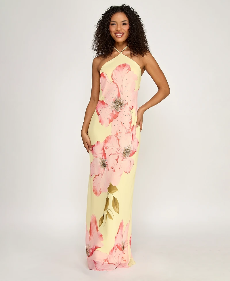 Seni & Cade Women's Large Floral Print Halter Drape Back Dress