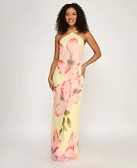 Seni & Cade Women's Large Floral Print Halter Drape Back Dress