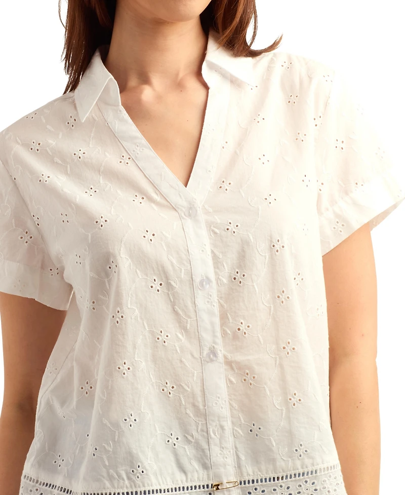 Bcx Women's Mini Floral Eyelet Collared Top