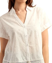 Bcx Women's Mini Floral Eyelet Collared Top