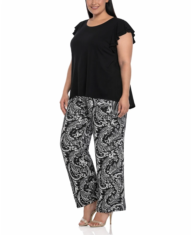 White Mark Plus Ruffle-Sleeve Top Printed Pant Set