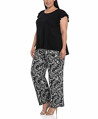 White Mark Plus Ruffle-Sleeve Top Printed Pant Set