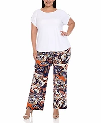 White Mark Plus Solid Top Paisley Print Pant Set