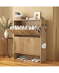 gaomon 31.5''W Slim Fluted Shoe Cabinet for Entryway Freestanding Narrow Shoe Storage with 2 Flip Drawers Open Bottom Shelf and Side Hooks for Foyer