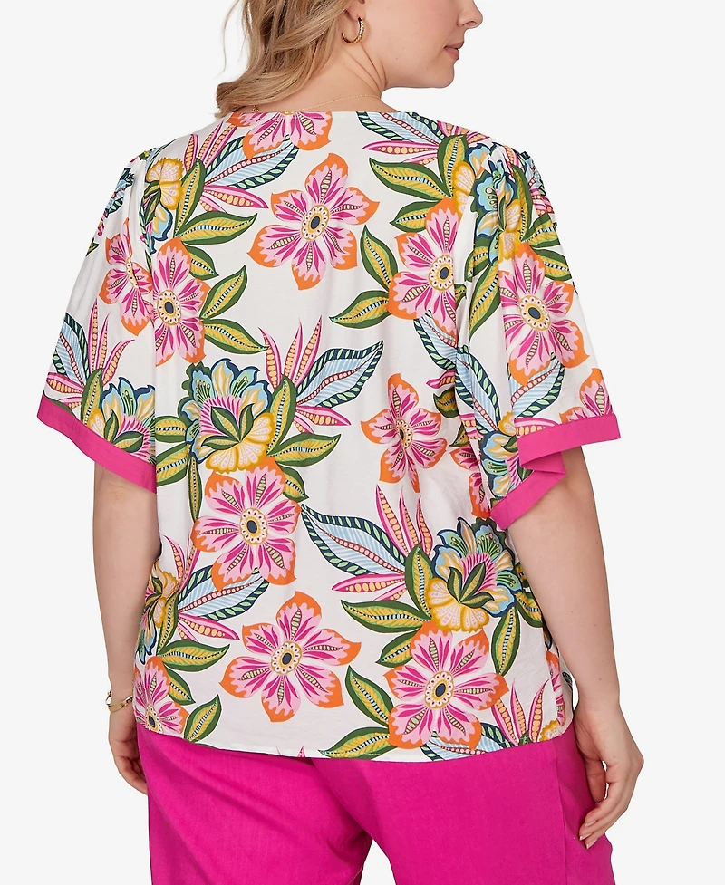 Ruby Rd. Plus Tropical Floral Trim Detail Top