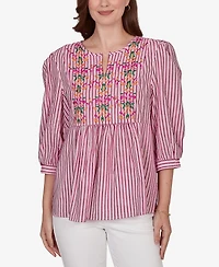 Ruby Rd. Plus Embroidered Placket Stripe Top