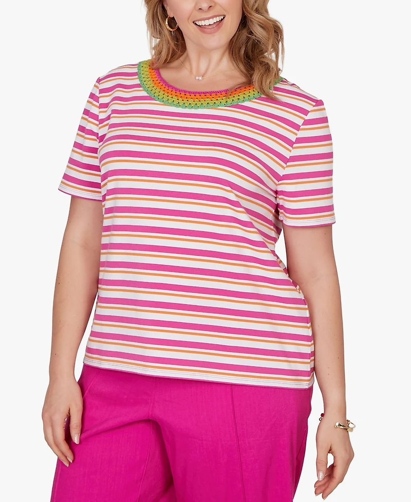Ruby Rd. Plus Crochet Neck Stripe Knit Top