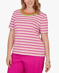 Ruby Rd. Plus Crochet Neck Stripe Knit Top